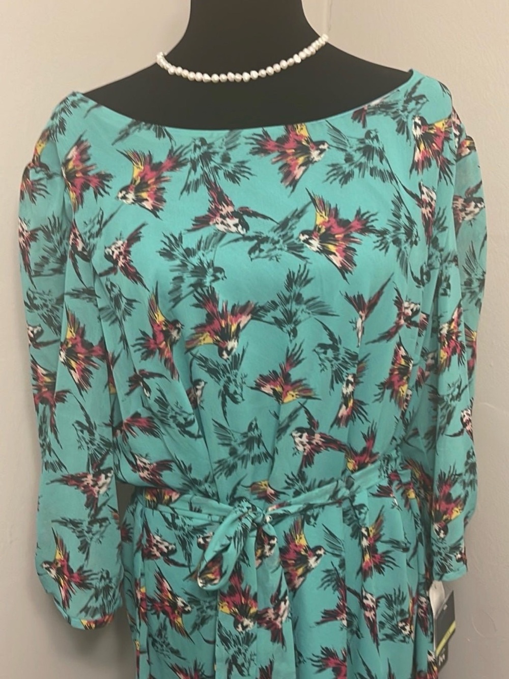 Gabby Skye Turquoise Floral Bird Print Dress